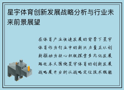 星宇体育创新发展战略分析与行业未来前景展望 星宇体育创新发展战略分析与行业未来前景展望