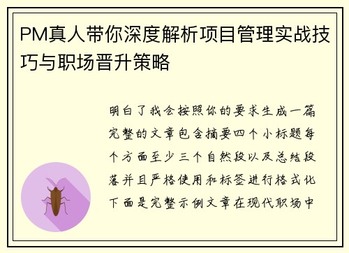 PM真人带你深度解析项目管理实战技巧与职场晋升策略